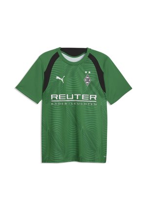 Zielony sportowy trykot z czarnymi akcentami, logo Puma, tekst sponsora Reuter oraz herb klubu Borussia Mönchengladbach z dwoma gwiazdkami.