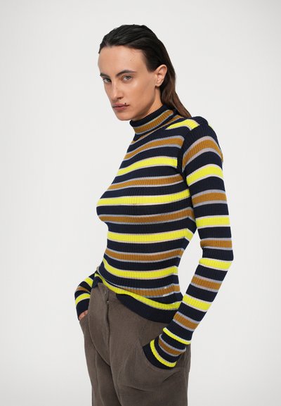 Oseba z gladkimi, temnimi lasmi nosi pulover s turtleneckom v mornarsko modri, rumeni in rjavi črtasti izvedbi ter rjave kordne hlače, z rokami v žepih.