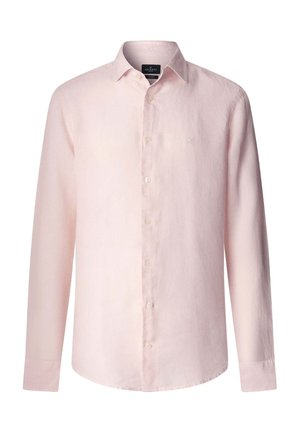 Herrenhemd in Hellrosa mit langen Ärmeln, Knopfleiste, spitzem Kragen und kleinem, aufgesticktem Logo auf der Brust.