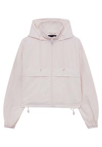 Cropped light pink hooded jacket made of soft, lightweight fabric. Features adjustable drawstrings and two front pockets.