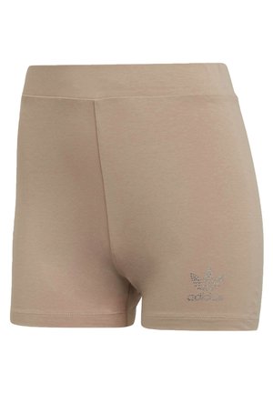 Beige kratke hlače iz mehkega materiala, z gladko teksturo, elastičnim pasom in logojem okrašenim z diamanti na levi strani.