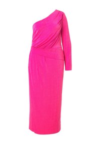 Sukienka na jedno ramię z długim rękawem w jaskrawym różowym kolorze, z drapowanym materiałem, dopasowaną talią i prostą sylwetką sięgającą do kolana.