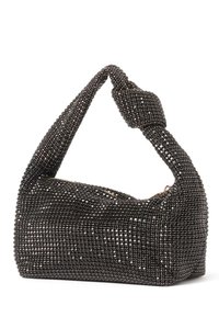Sorte perlebehandlet håndtaske med en buet form, udstyret med en bred rem og tekstureret overflade, dekoreret med små reflekterende perler over hele overfladen.