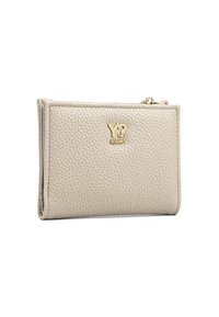 Portafoglio in pelle beige con texture, logo dorato "Y? Not Milano" e chiusura con zip superiore, mostrato su sfondo bianco.