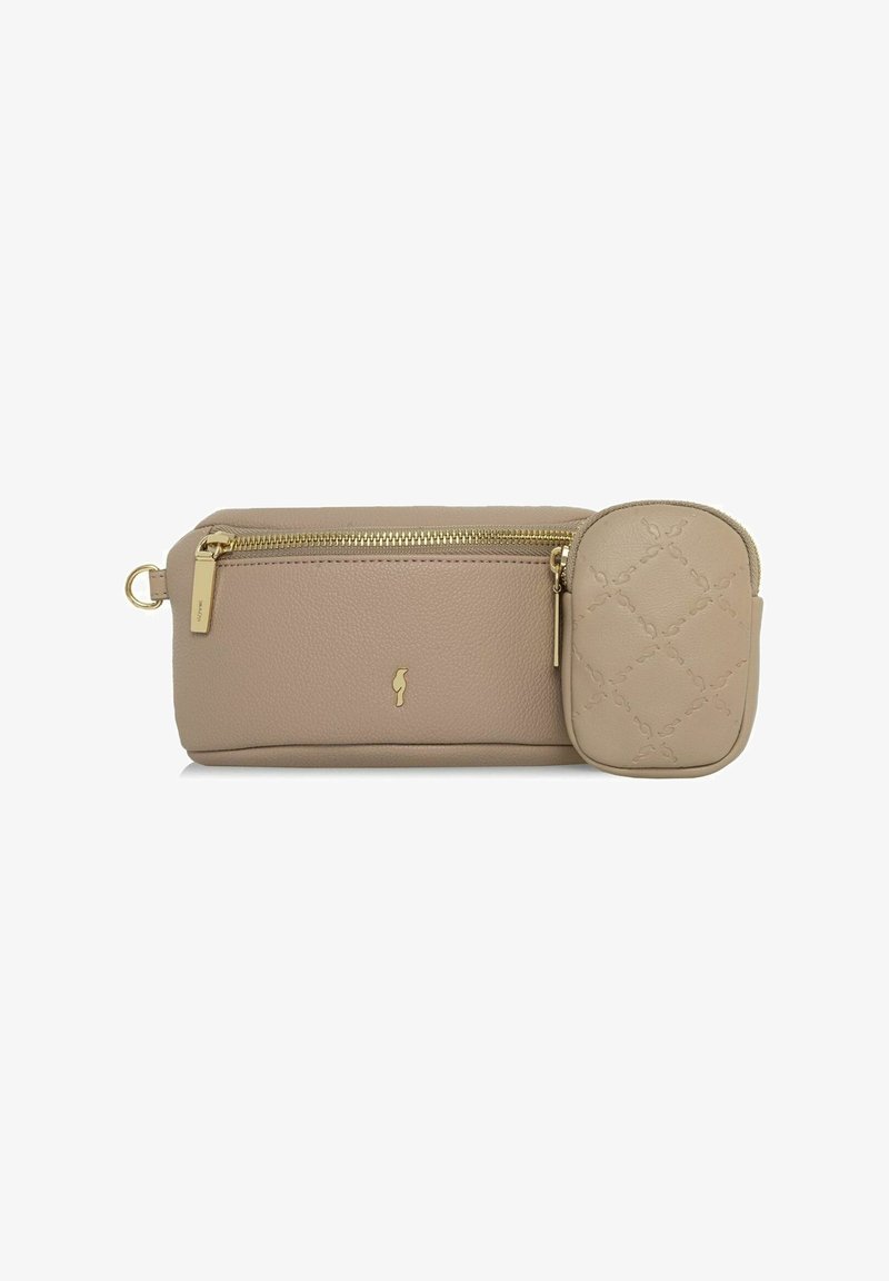 Pochette en cuir beige avec une fermeture éclair dorée, présentant une texture lisse et un petit porte-monnaie assorti avec des motifs embossés.