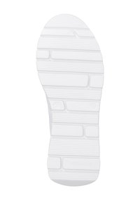 Semelle extérieure en caoutchouc blanc avec rainures texturées, présentant des motifs horizontaux et verticaux pour l'adhérence. Design minimaliste avec un logo sur le côté.