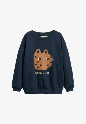 Navy blue sweatshirt in cotton blend with long sleeves, featuring a brown spotted dog illustration and the text "CHOOSE JOY" below.