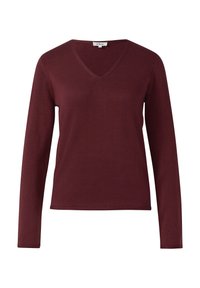 Bordeaux lange mouw top met een V-hals ontwerp, gemaakt van gladde stof, met een slim fit en eenvoudige, strakke lijnen. Geen zichtbare patronen of accenten.