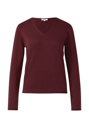 Top bordeaux a maniche lunghe con scollatura a V, realizzato in tessuto morbido, caratterizzato da una vestibilità slim e linee semplici e pulite. Nessun motivo o dettaglio visibile.