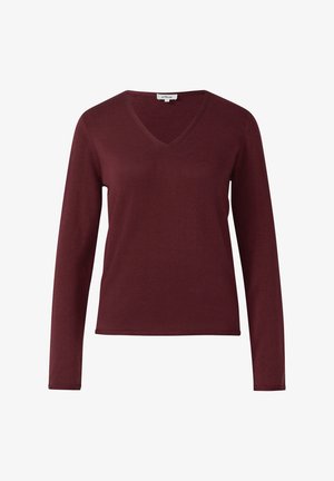 Bordeaux lange mouw top met een V-hals ontwerp, gemaakt van gladde stof, met een slim fit en eenvoudige, strakke lijnen. Geen zichtbare patronen of accenten.
