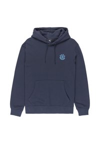 Felpa blu navy in morbido misto cotone, dotata di tasca frontale a marsupio, cappuccio regolabile con cordino e un piccolo logo blu sul petto.
