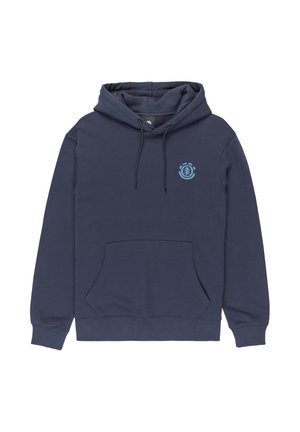 Navyblauwe hoodie gemaakt van een zachte katoenmix, met een voorste kangoeroezak, verstelbare trekkoordcapuchon en een klein blauw logo op de borst.