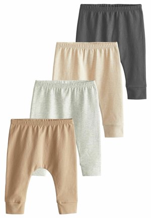 Four pairs of children's pants in various colors: dark gray, light beige, pale green, and tan. Made from soft, stretchy fabric with elastic waistbands.