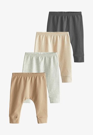 Quattro paia di pantaloni per bambini in vari colori: grigio scuro, beige chiaro, verde pallido e sabbia. Realizzati in un tessuto morbido e elasticizzato con cinturini in vita elasticizzati.