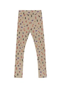 Beige Rippleggings mit einem durchgehenden Muster aus roten, lila, schwarzen und orangefarbenen abstrakten Formen und Symbolen.