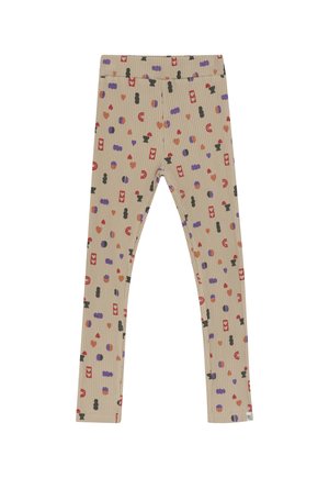 Beige geribde leggings met een patroon van rode, paarse, zwarte en oranje abstracte vormen en symbolen.