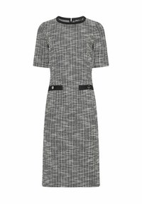 Kurzärmliges Kleid aus einem strukturierten Schwarz-Weiß-Stoff, mit taillierter Silhouette, zwei vorderen Taschen mit schwarzen Akzenten und Rundhalsausschnitt.
