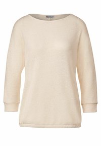 Maglione a maglia color crema con scollatura a barca, maniche a tre quarti e polsini a coste. Presenta un tessuto texturizzato con una vestibilità ampia.
