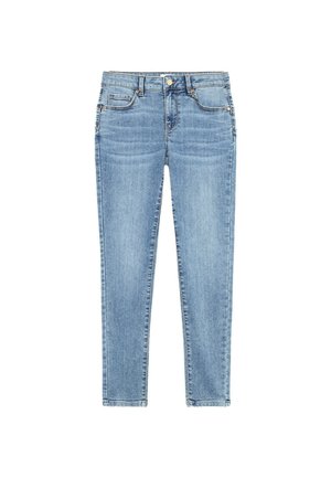 Lichtblauwe denim jeans met een getailleerde pasvorm, voorzien van riemlussen, twee voorkstab pockets en een knoopsluiting. Rechte pijpen.