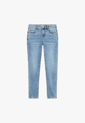 Lichtblauwe denim jeans met een getailleerde pasvorm, voorzien van riemlussen, twee voorkstab pockets en een knoopsluiting. Rechte pijpen.