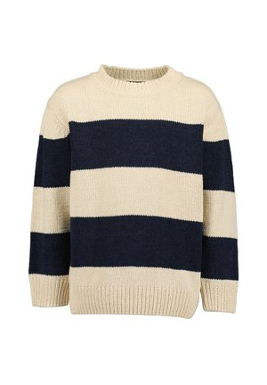 Grob gestrickter Pullover mit breiten horizontalen Streifen in Marineblau und Beige, gerippter Rundhalsausschnitt, Bündchen und Saum.