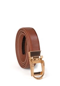 Brown leather belt rolled up with a shiny gold metal buckle and a ratchet-style fastening system.