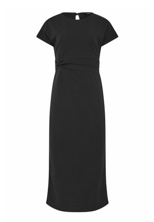 Robe midi noire à manches courtes, col rond, taille cintrée avec un détail nœud sur le côté et fermeture à boutons dans le dos.