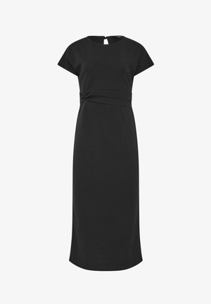 Zwarte midi-jurk met korte mouwen, ronde hals, getailleerde taille met detail van een knoop aan de zijkant en een knoopsluiting aan de achterkant.