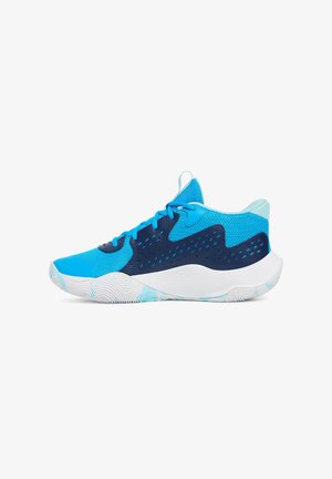 Blue athletic shoes with a mesh upper, featuring dark blue accents and a textured white sole. Includes a pull tab at the heel.