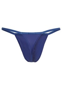 Tummansininen stringit, joissa on ohuet nauhat, sileä pinta ja minimalistinen muotoilu. Sisältää joustavyötärön mukavuutta varten.