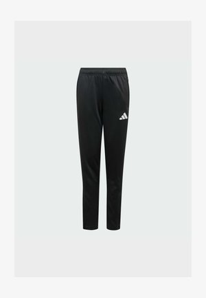 Zwarte sportbroek met elastische tailleband en wit Adidas-logo op de bovenste rechterdij, weergegeven tegen een effen achtergrond.
