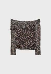 Korte ærmer leopardmønstret top med en samlet hals, der har en blød tekstur i nuancer af brunt og sort.