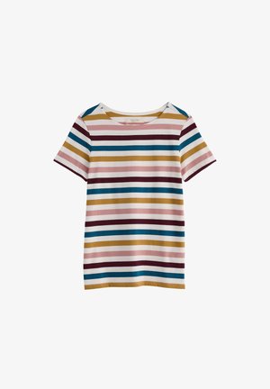 Tricou cu mânecă scurtă și gât rotund, cu dungi orizontale în nuanțe de muștar, albastru-verzui, burgund, roz și alb, pe un fundal simplu.