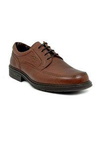 Zapato marrón de cuero con cordones, acabado suave, punta redondeada y detalles de costura sutiles. Presenta una suela de goma negra para mayor tracción.