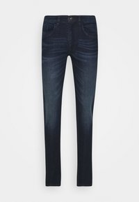 Mörkblå jeans i denim med slim fit, blekta detaljer, standard femfickdesign, dragkedja och knappstängning.