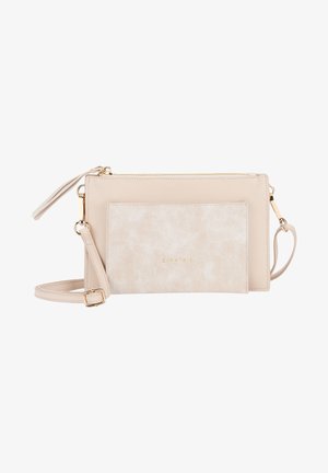 Sac bandoulière en simili cuir beige avec une poche avant texturée, des attaches dorées, une fermeture éclair et une bandoulière réglable.