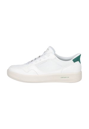 Zapatilla blanca de corte bajo con suela crema, lengüeta verde en el talón, diseño con cordones y texto "CONTOUR FOAM" en el lateral de la suela.