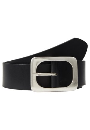 Black leather belt featuring a rectangular silver metal buckle. The belt has a smooth texture and tapered end.