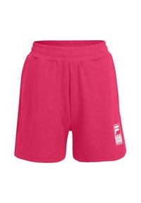 Pantalones cortos deportivos en color rosa, con cintura elástica, fabricados en tejido suave. Presentan un logo en el dobladillo y un corte casual. Ideales para ropa activa.