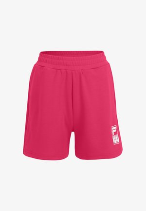 Różowe szorty sportowe z elastycznym paskiem, wykonane z gładkiej tkaniny. Posiadają logo na dolnym brzegu i luźny krój. Idealne do aktywności fizycznej.