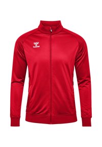Czerwona kurtka sportowa z wysokim kołnierzem, pełnym zamkiem błyskawicznym i elastycznymi mankietami. Posiada logo na piersi oraz boczne kieszenie. Wykonana z gładkiego, lekkiego materiału.