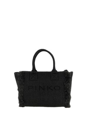 Bolso negro texturizado con dos asas, laterales con flecos y el nombre de la marca "PINKO" en relieve en el panel delantero.