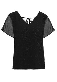 Black V-neck blouse with short flutter sleeves, featuring a textured fabric with metallic specks and a tie closure at the back.