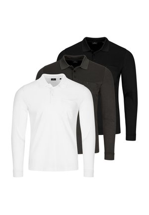 Drei Langarm-Poloshirts in Weiß, Dunkelgrau und Schwarz, jeweils mit einer Brusttasche und einem knöpfbaren Kragen, auf weißem Hintergrund geschichtet.