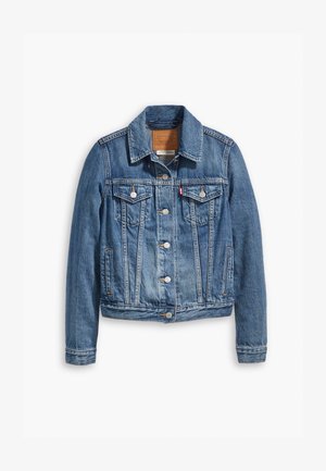 Light blue denim jacket with a classic design, featuring a collar, two chest pockets, and silver button closures.