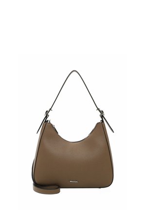 Brown leather handbag with a smooth texture, curved shape, and a thin black strap. Features a zip closure and subtle brand logo detail.