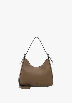 Borsa a tracolla in pelle marrone con una superficie liscia, forma curva e una sottile tracolla nera. Presenta una chiusura con zip e un discreto logo del brand.
