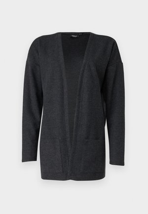 Cardigan gris foncé en tissu doux et texturé. Design à ouverture devant avec de longues manches et deux poches avant. Sans fermetures.