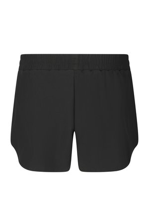 Sorte atletikshorts med elastisk talje og buede kanter på hvert ben, vist forfra på en hvid baggrund.