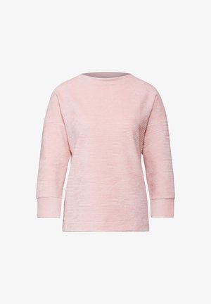 Light pink sweater with a soft, ribbed texture. Features a round neckline and three-quarter sleeves, providing a relaxed fit.